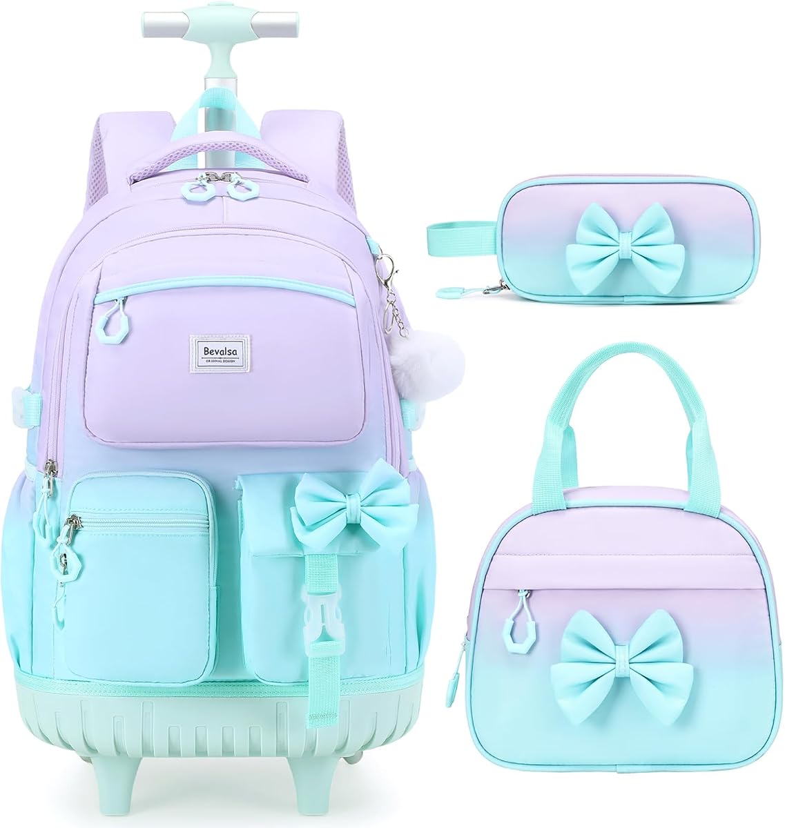 Rolling Backpack for Girls, Roller Backpack with Wheels | Cute Bow Wheeled School Bookbag Set with Lunch Bag & Pen Case, Suitcases for Kids Teens Elementary Middle Student