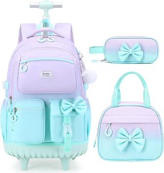 Bevalsa Rolling Backpack for Girls, Roller Backpack with Wheels, Cute Bow Wheeled School Bookbag Set with Lunch Bag & Pen Case, Suitcases for Kids Teens Elementary Middle Student Purple Green