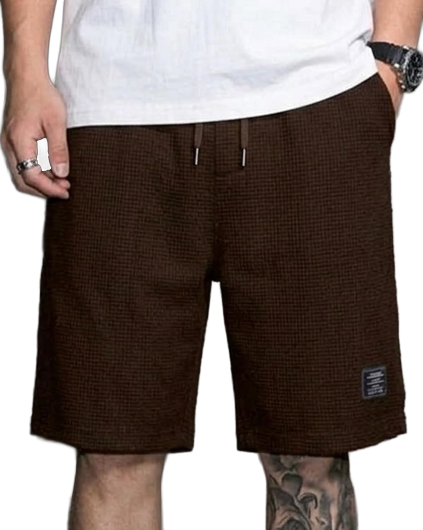 Men's Solid Drawstring Waist Casual Knee Length Boxers,Solid Men Beige Basic Boxer's-picture-14