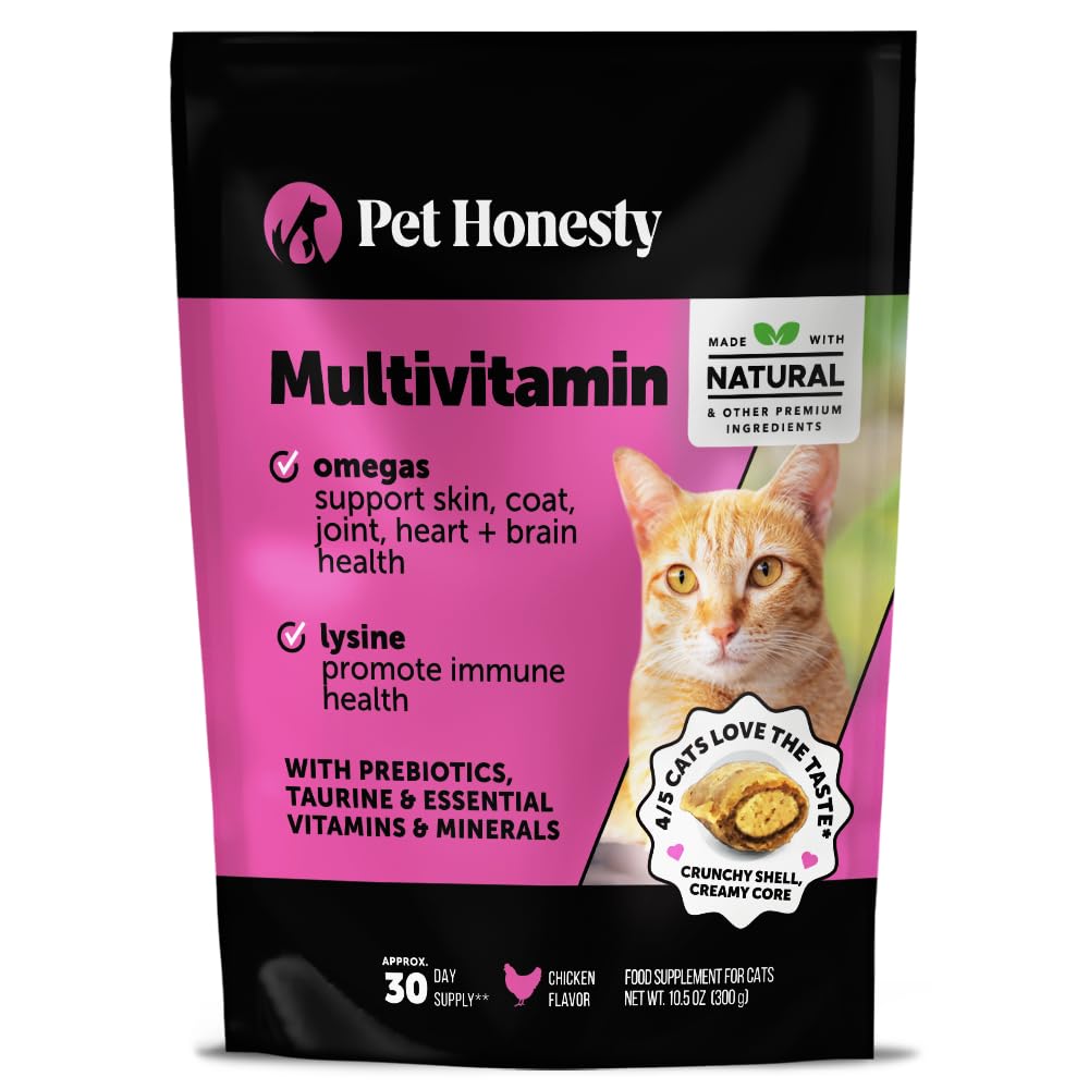 Cat Multivitamin Crunchy & Creamy Chews - Cat Treats for Health + Immune, Joint Support, Skin & Coat, & Digestion - Vitamins with Omega 3s, Lysine & Probiotics (30 Day Supply)