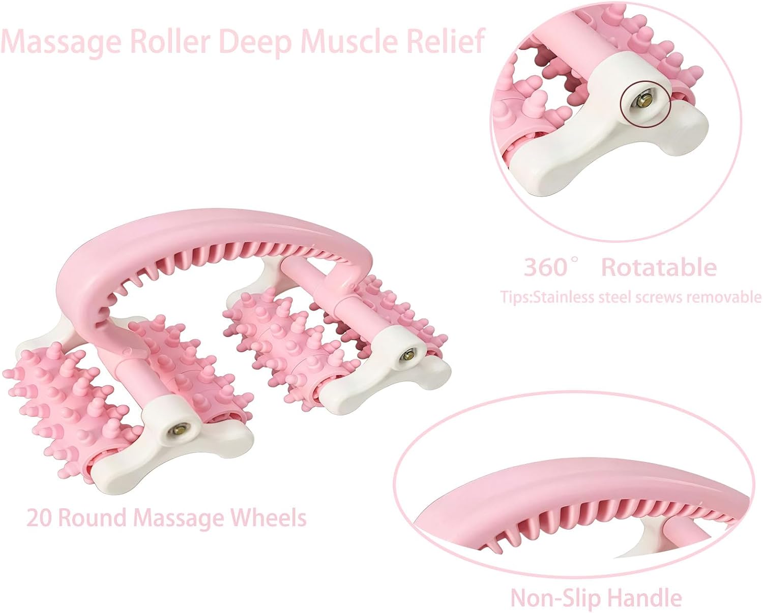Handheld Massage Roller,Anti Cellulite Roller | Lymphatic Drainage Massager Tools for Trigger Point Deep Tissue Fascia Release Muscle Rollers for Legs/Thighs/Butt/Back (Pink)