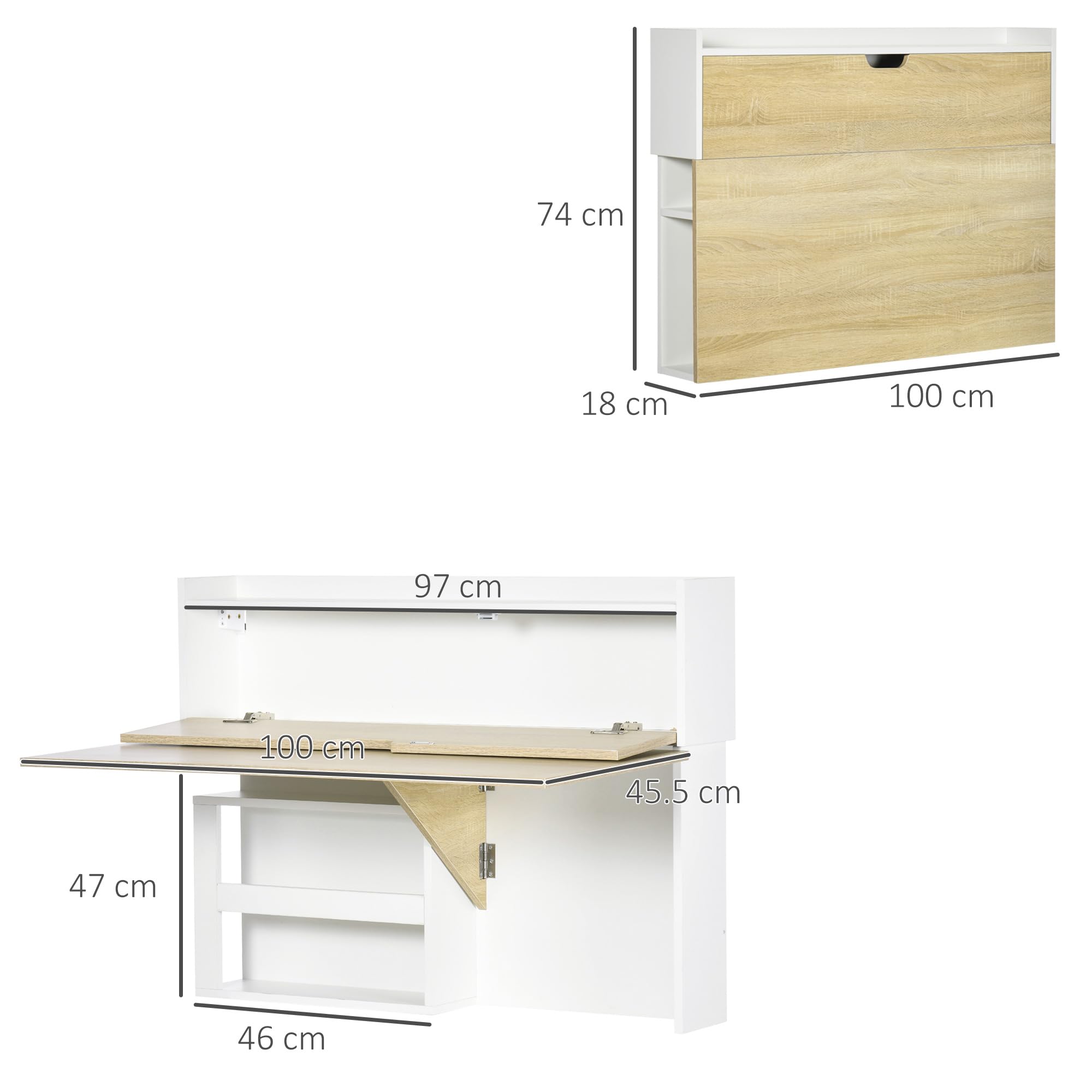 HOMCOM Escritorio Plegable de Pared con estantes Efecto Madera Natural