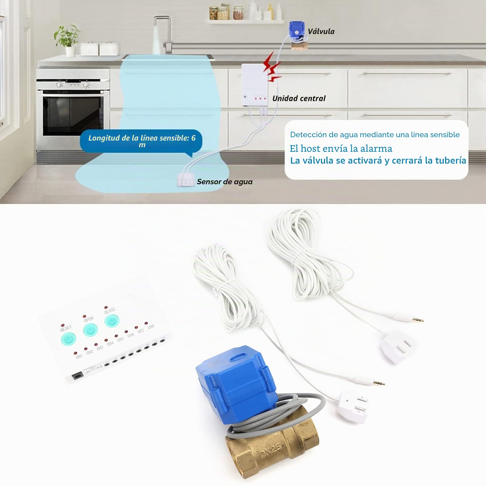 Sensor Detector de Alarma de Fugas de Agua, Sensor de Fugas de Agua con Válvula de Cierre DN25, Detección de Fugas de Alerta de Inundación con Indicador LED de Válvula de