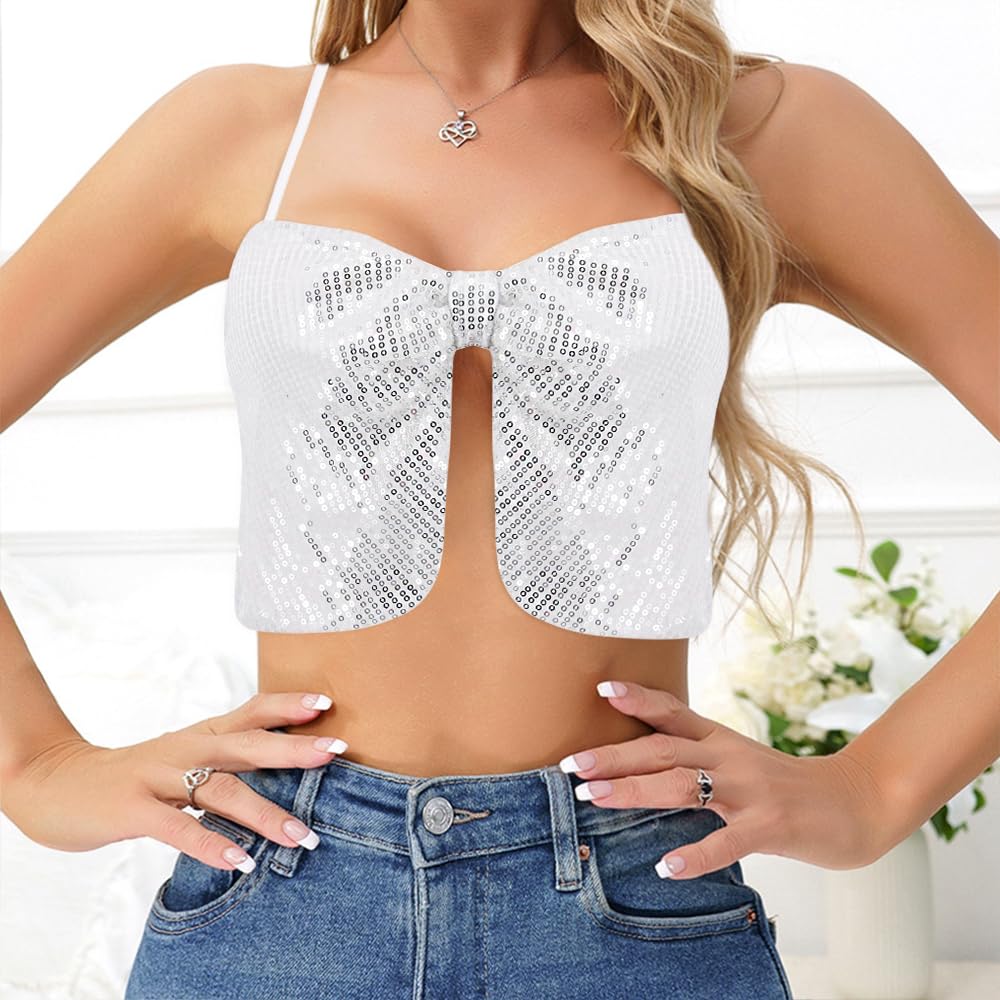Camiseta sin mangas metálica reflectante para mujer, corpiño con tirantes delgados, ombliguera ajustada sin mangas