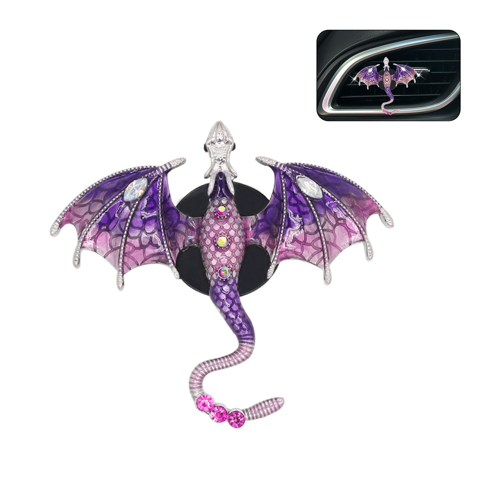 ORIESSE Purple Dragon Car Accessory,1pcs Bling Wyvern Car Air Freshener Vent Clip,Cute Girly Refillable Air Freshener Diffuser,Dazzing Rhinestone