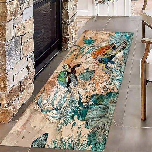 ZLXMN 2x10ft Sea Turtles Nautical Map Coastal Rug Runners for