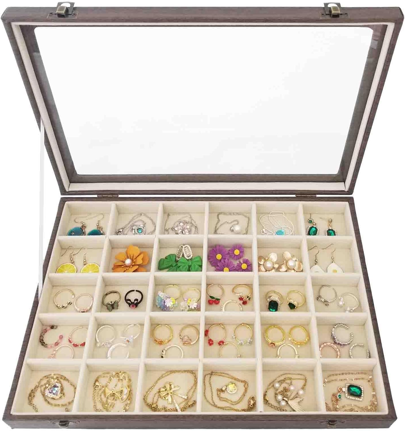 Stackable 30 Grids Jewelry Organizer Box with Clear Lid Women Vintage Leather Rings,Earrings,Marble,Crystal Stone,Diamond Display Storage Box