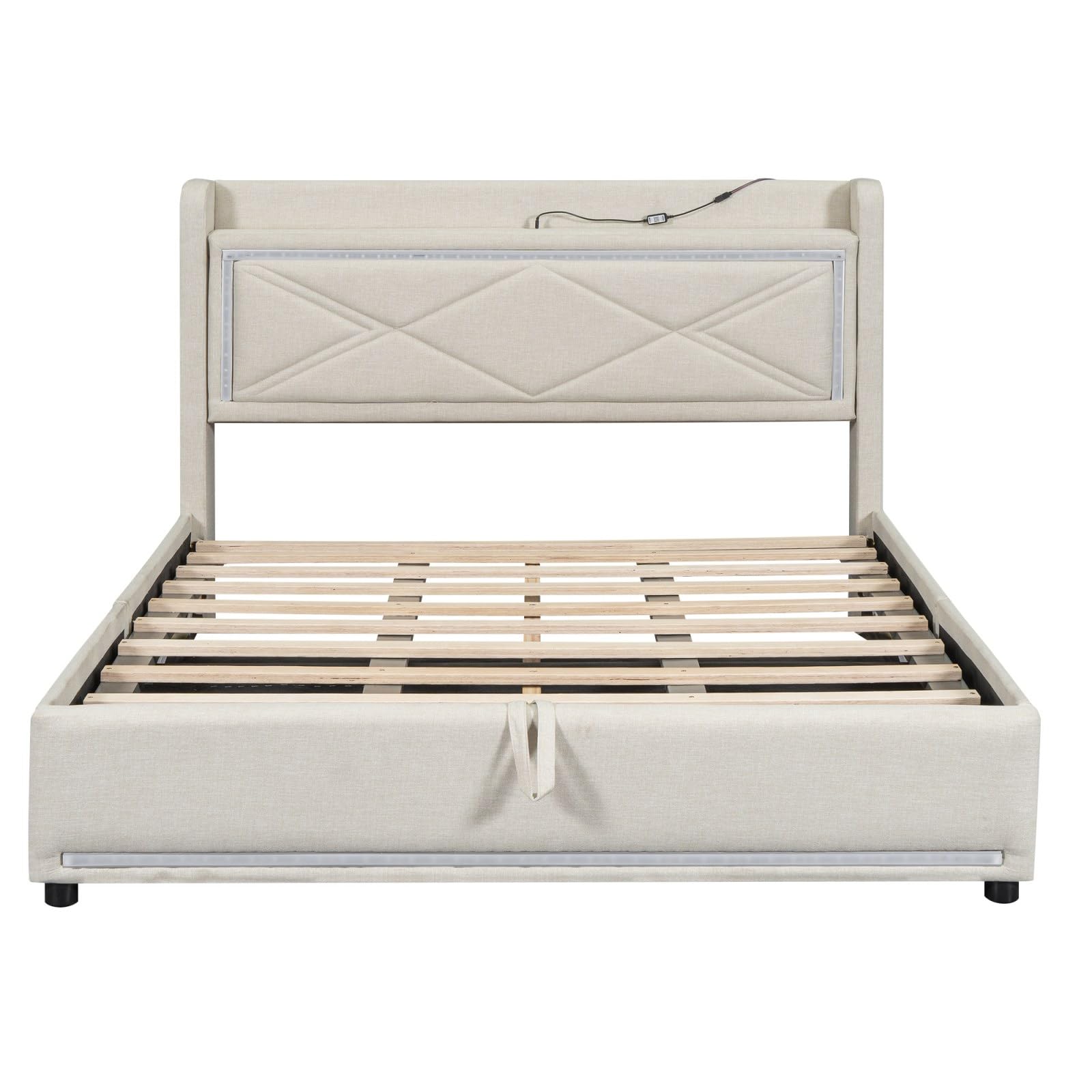 PUGSDRLY Children's Bed 140 x 200 cm, Double Bed with Headboard, Cartoon Padded Bed with Slatted Frame, Bed Frame for Boys and Girls, Fabric, Faux Leather, without Matela (Beige-A