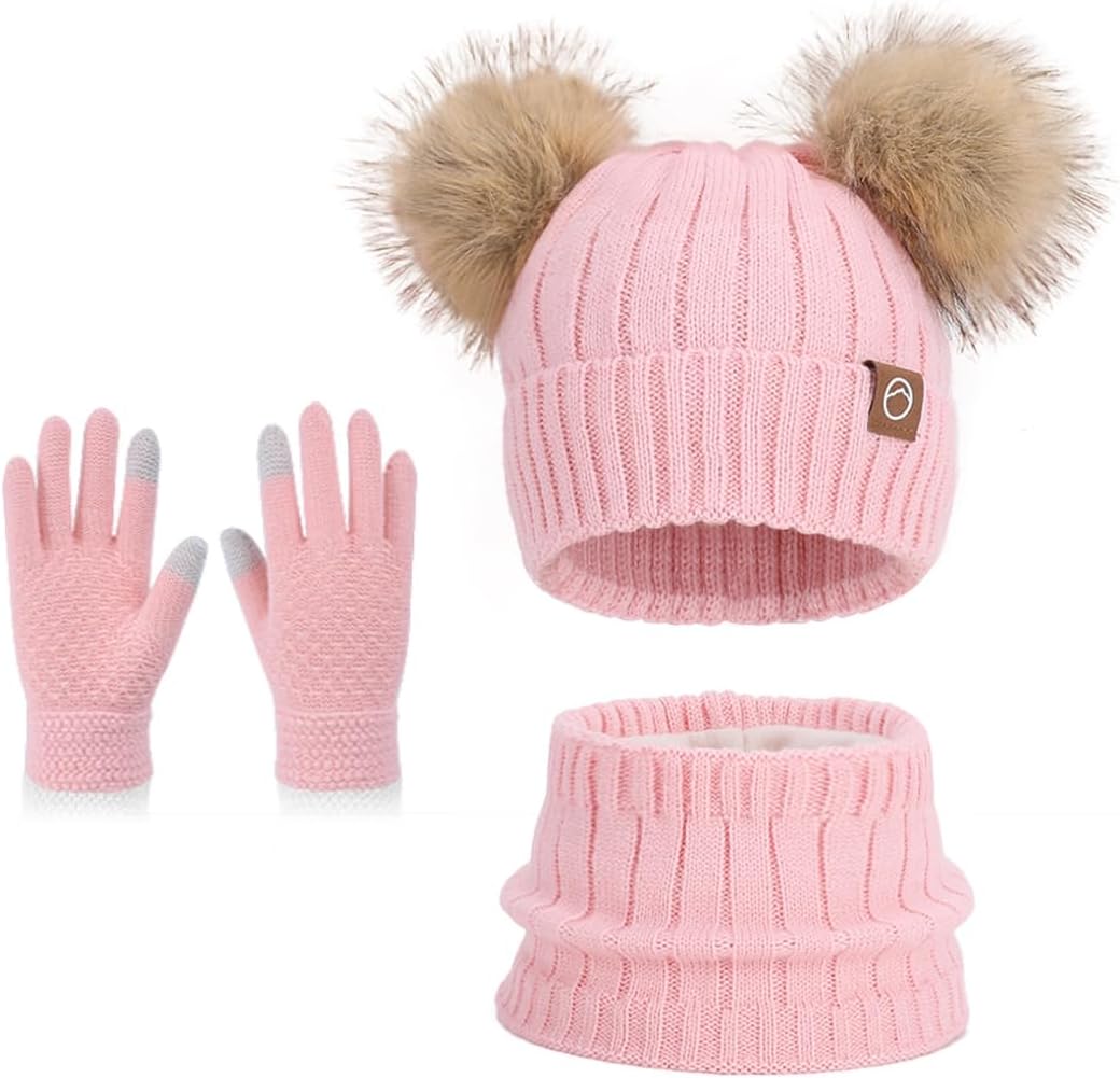 Kids Winter Hat Gloves Scarf Set,Girl Toddler Beanie Warm Fleece Beanie Knit Neck Scarf Mittens For Children 3-12 Years
