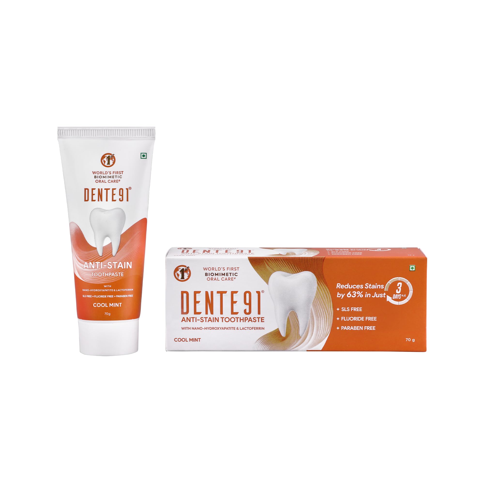 Dente91 Anti-Stain Expert Toothpaste for Stain Removal &Teeth Whitening | Protects against Dental Caries & Strengthens Enamel | Reduces 63% stains in just 3 days | 70g (Pack of 1)
