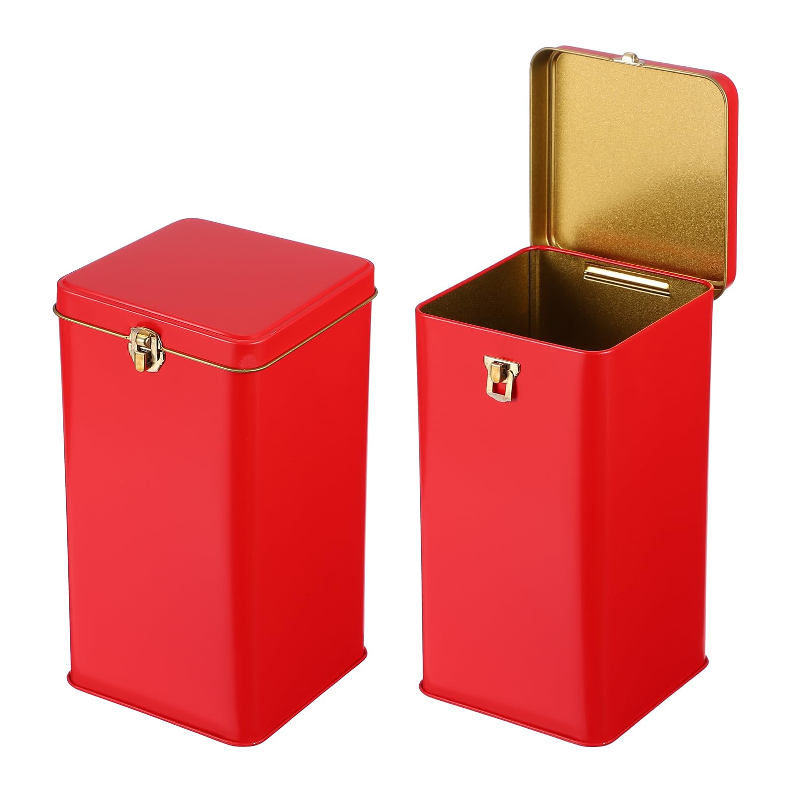 sourcing map 2 Pcs Square Tin Can, Metal Empty Storage Container Tinplate Tea Canister with Lid for Treats Gifts Favors Loose Tea Coffee Crafts Cookies(100x100x190mm, Red)