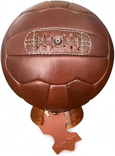 Miniatura 2 de Geoffrey Balón de fútbol vintage de 18 paneles, 100% cuero de vaca con base de madera, tamaño 5, fútbol retro cosido a mano