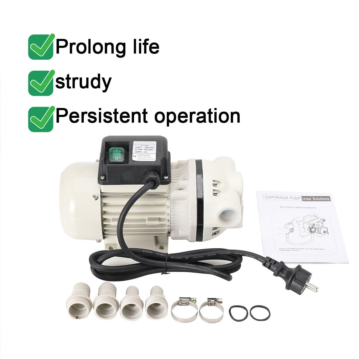 40L/Min Ad-Blue Pumpenset Urea pump Harnstoff pump Fasspumpe Selbstansaugend Pumpe Anschlussstücke Membranpumpe 220V - 0,4KW (50Hz) mit 4 Tüllen und 2 Schellen, 2950 RPM, 1,8m Kabellänge