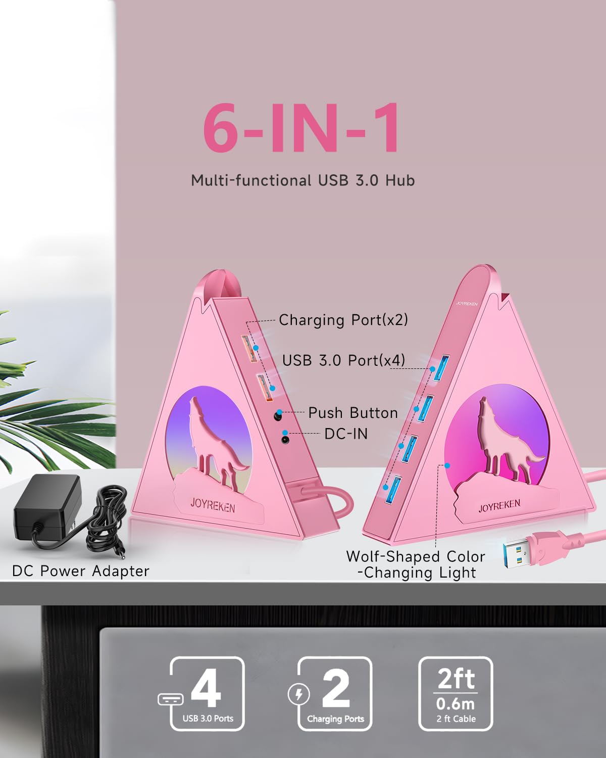 Hub USB 3.0 alimentado con adaptador de CA, concentrador USB de 6 puertos (4 datos + 2 carga rápida), diseño y base RGB Wolf, compatible con PC, portátil, PS4/5, unidad flash, teclado y mouse