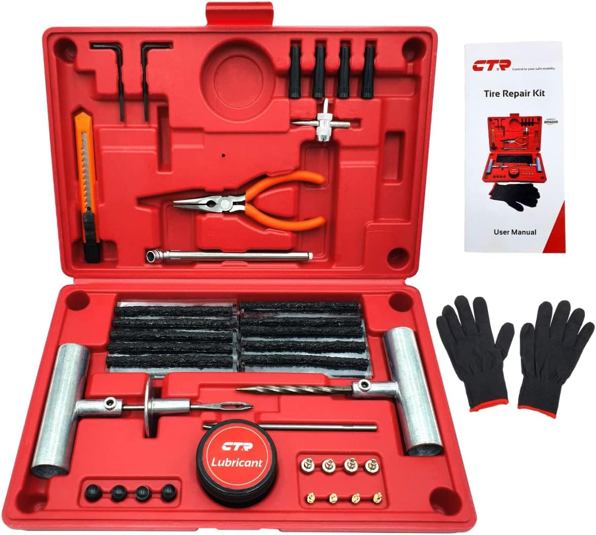 CTR Heavy Duty Tyre Repair Kit - 68pcs All-in-One Universal Puncture Repair Kit for Tubeless Tyre Flats for Car, Truck, Bikes, RV, SUV, ATV, Motorcycle, Tractor, Trailer
