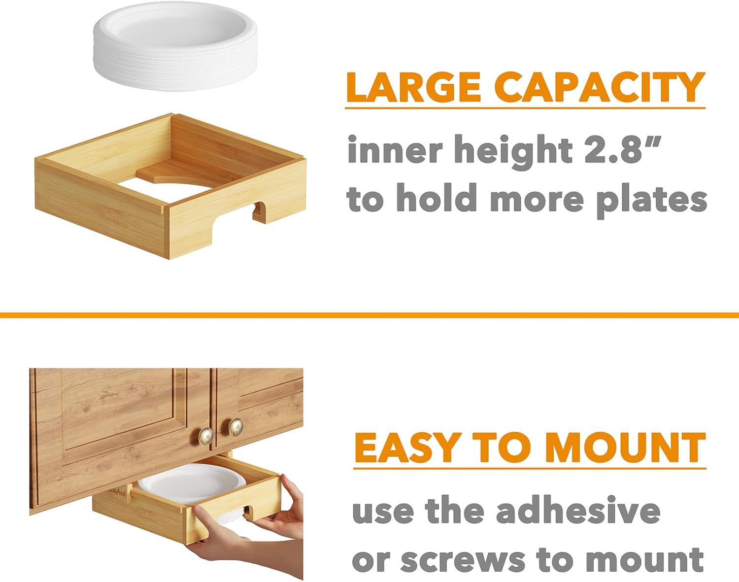 SpaceAid 8.5-inch Paper Plate Dispenser, Under Cabinet Bamboo Plates Holder, Kitchen Counter Vertical Dipensers Holders Countertop Caddy, Bamboo
