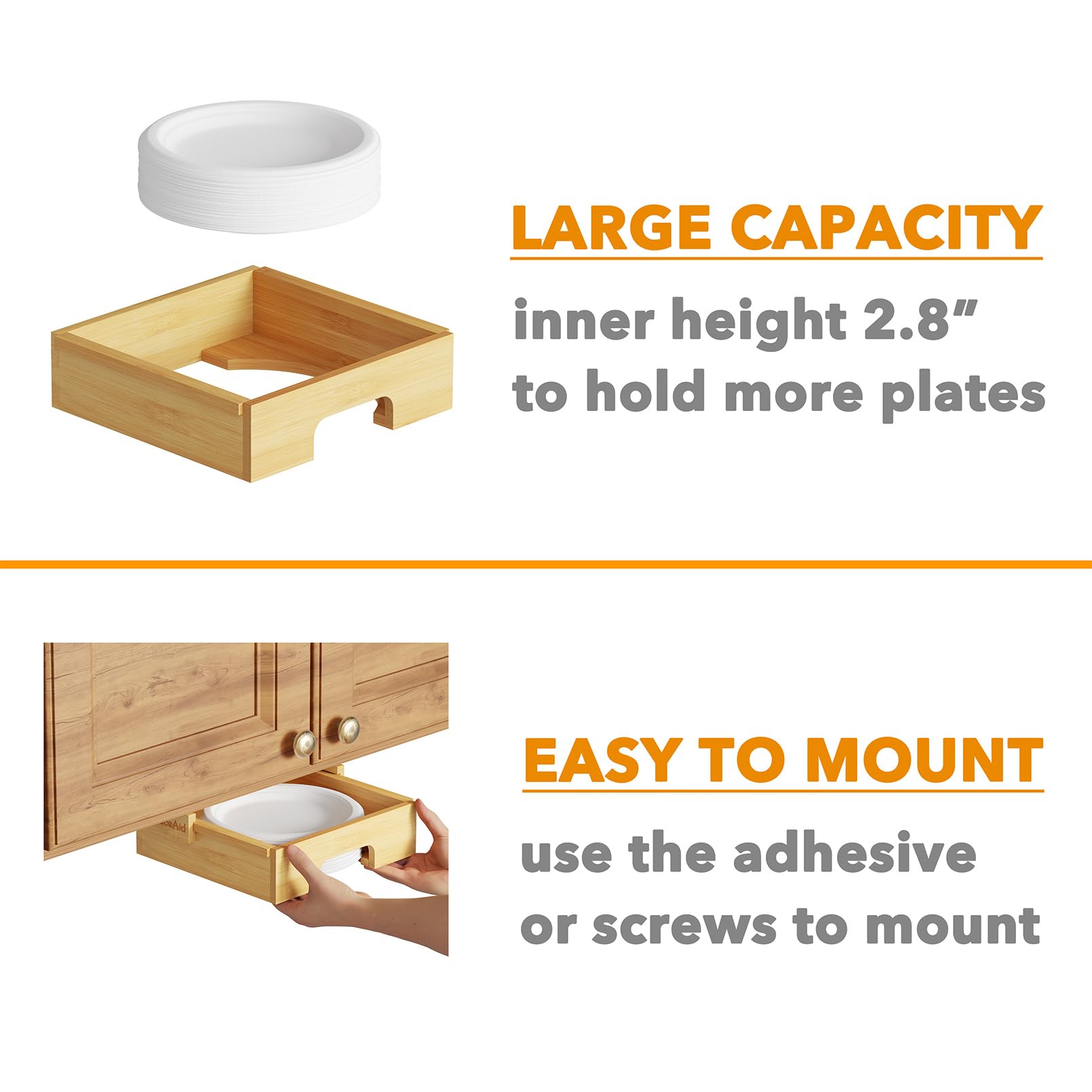 SpaceAid Dispensador de platos de papel de 8.5 pulgadas, soporte de platos de bambú debajo del gabinete, soporte vertical para platos de cocina para encimera de encimera (para platos de 8.5 pulgadas,