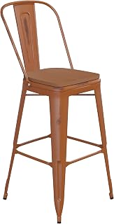 Flash Furniture Carly Commercial Grade 30" High Orange Metal Indoor-Outdoor Bar Height Stool with Back and Teak Polystyrene Seat
