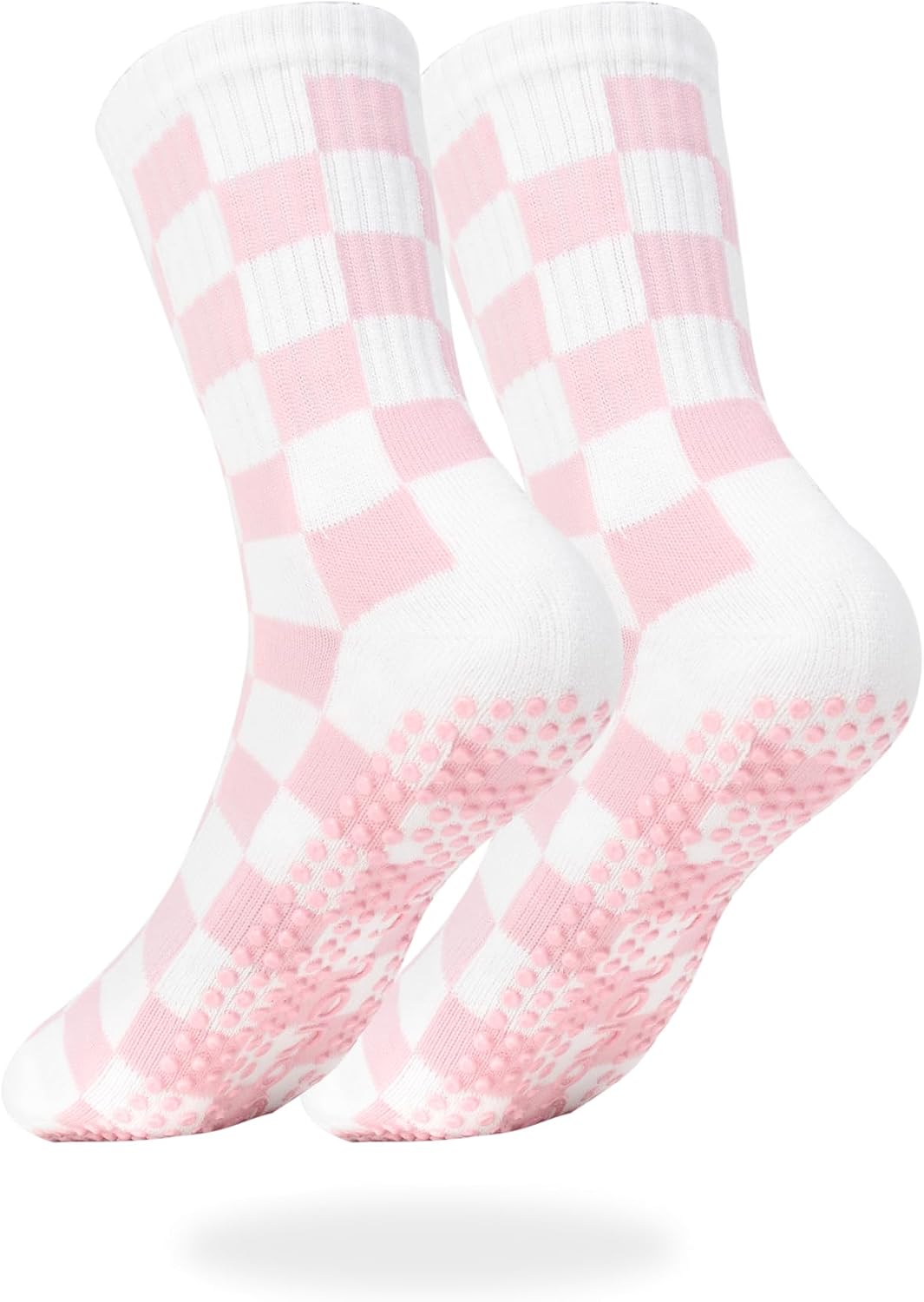 Women's Checkered Pilates Grip Socks, Ribbed Crew Non Slip Floor Socks 1 Pair Pink, Soft Breathable Arch Support Workout Socks for Indoor Yoga, Fitness & Hospital