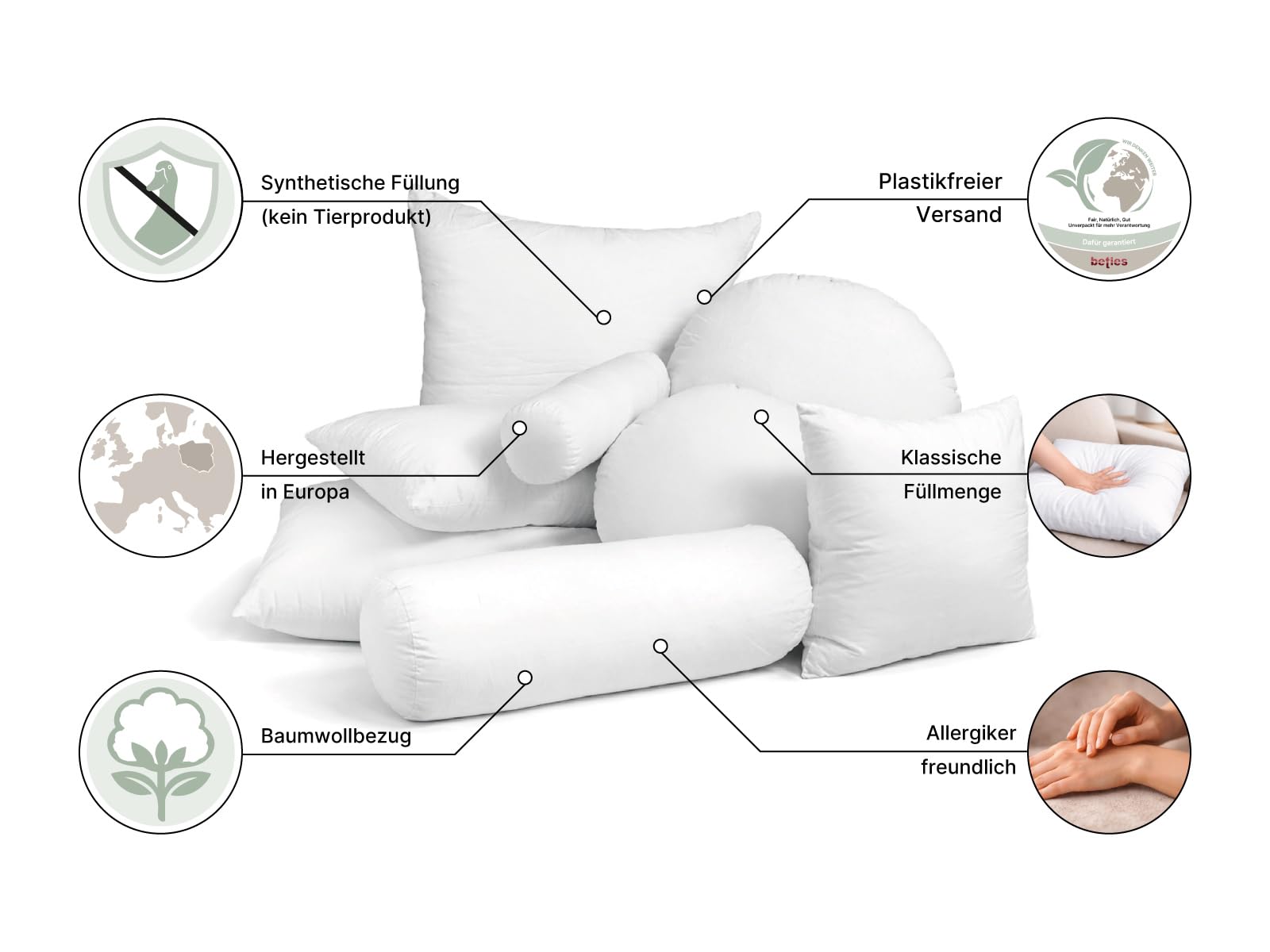 beties - PublikFree - Rundkissen Ø 50 cm – 320 g Faserbällchen – tierfreies Premium Innenkissen & Kissenfüllung – Baumwoll Inlett waschbar – Sofakissen rund – weich & bauschig