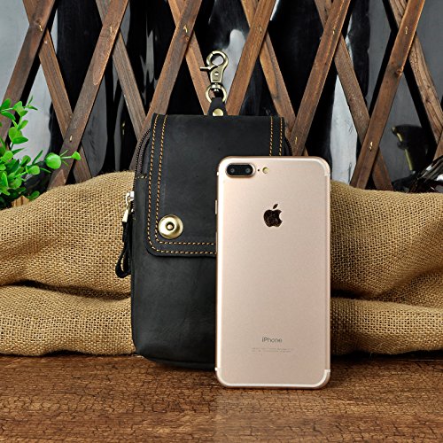 Le'aokuu Men Original Leather Fashion Small Casual Hook Fanny Waist Bag Pack Hip Bum Cell Phone Case Pouch 011 (The 011 Black) #TOP4