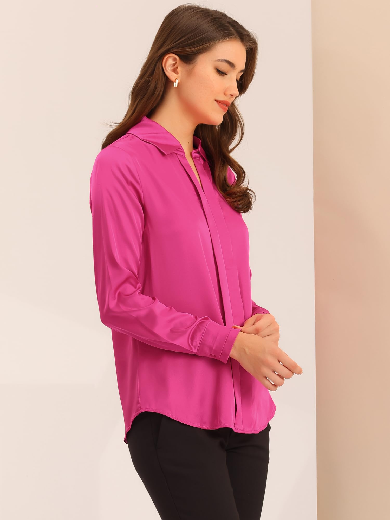 Allegra K Chemisier en satin élégant à manches longues et col en V pour femme, rose vif, Taille M