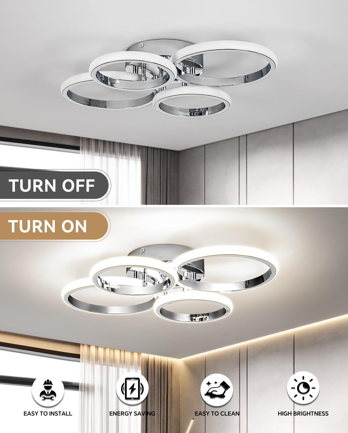 21.3in Chrome Modern LED Ceiling Light Fixture with Remote Control, 3000K-6500K 3-Color Dimming Circle Modern Ceiling Lamp Bedroom Kitchen Living Room Dining Room