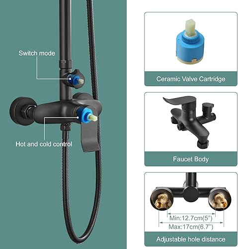 Miniatura 4 de Sistema de ducha expuesto negro mate, grifo de ducha de baño de doble función, cabezal de ducha giratorio cuadrado de 8 pulgadas con juego completo