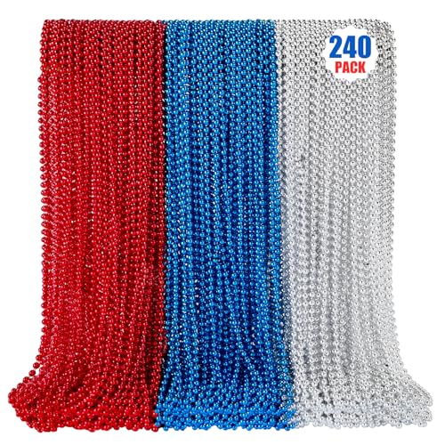 LINSIRON 240PCS 4th of July Accessories 33 Red Silver Blue Beads Bulk Patriotic Beads Necklaces 4th of July Necklace for Patriotic Day Memorial Day Independence Day Decor Parades Party Supplies