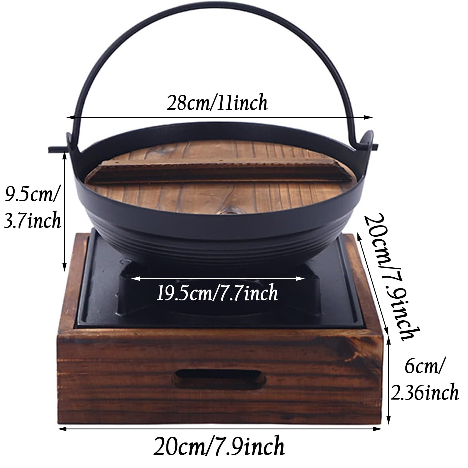 Pentola da Cucina in ghisa Shabu in Stile Giapponese, per Sukiyaki Nabe, con Coperchio in Legno e fornello Antiaderente, per servire zuppa di Noodle e Ramen Sukiyaki, 28 cm/11 poll