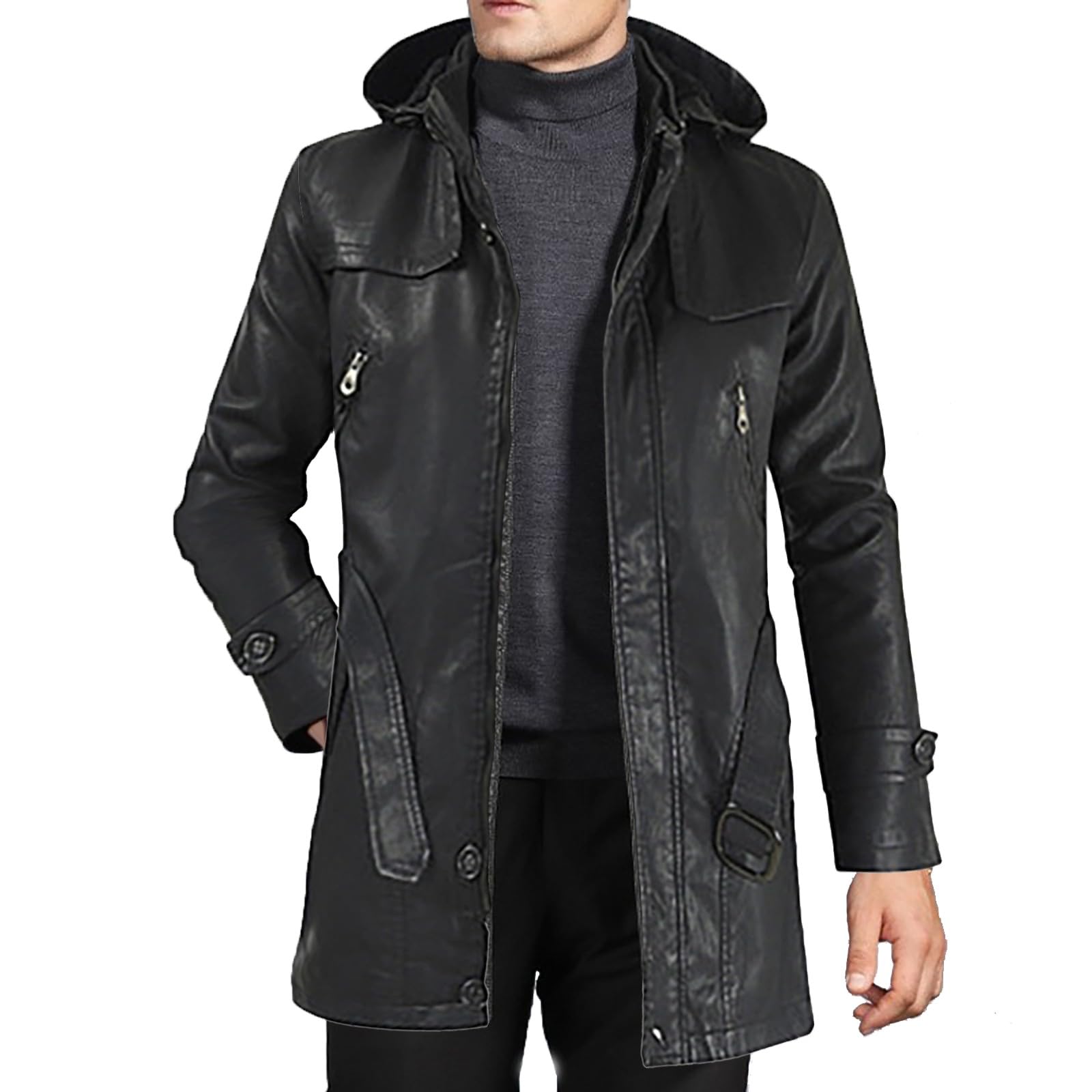 Veste en cuir pour homme, long duffle-coat 3/4 avec capuche amovible, parka, long trench noir, manteau à capuche safari noir, manteau coupe-vent d'hiver chaud avec poches