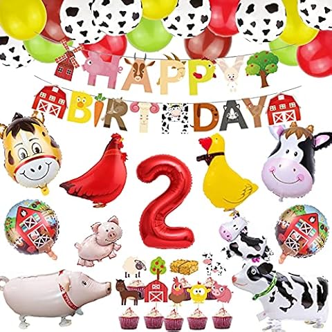 Farm Animal 2st Birthday Party Supplies Decorations Boys Girls - Barnyard Party Decorations with Farm Balloons Happy Birthday Banner Cupcake Toppers Cover