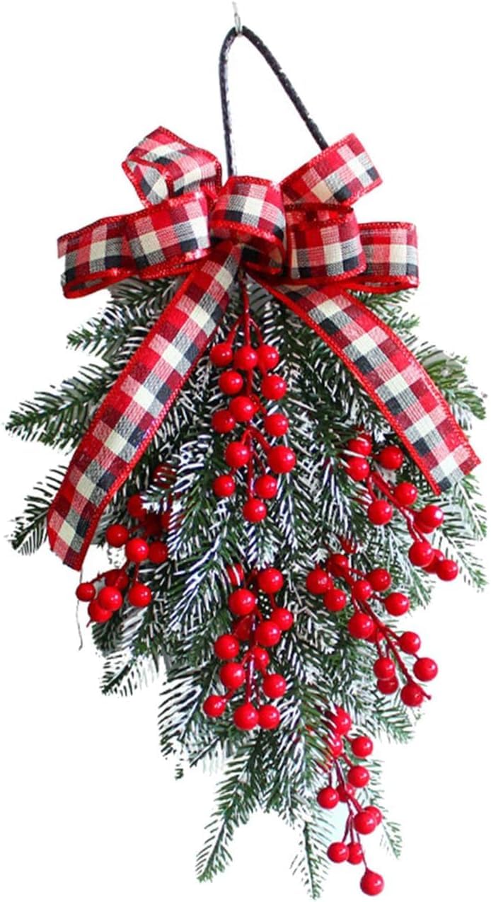 Mini Christmas Teardrop Wreath Christmas Teardrop Swag Wreath Christmas Door Swag Xmas Tree Hanging Wreath for Xmas Party Holiday Decor - Red