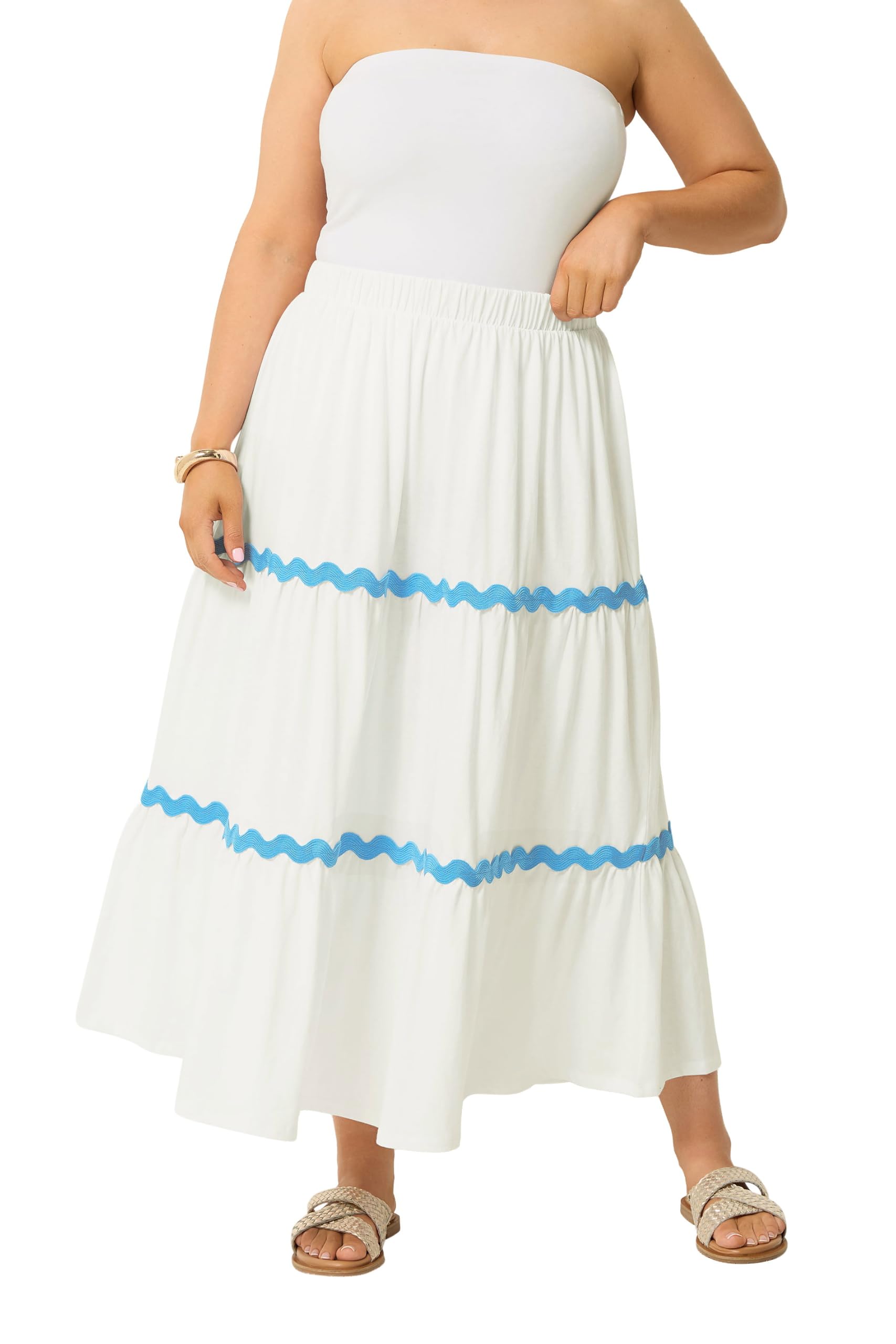 Yours Women's Off-White Curve White Wavy Detail Tiered Maxi Skirt - Plus Size Curve