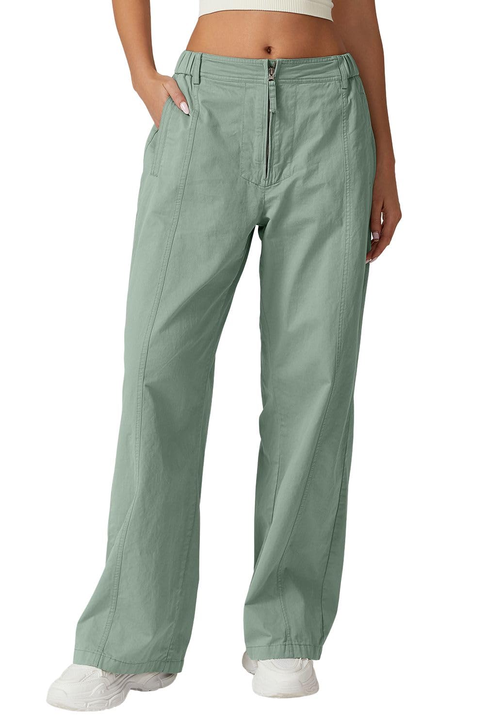 QINSEN Womens Zip Front Wide Leg Long Pants High Waist Causal Cargo Pants Cotton Pocket Palazzo Pants