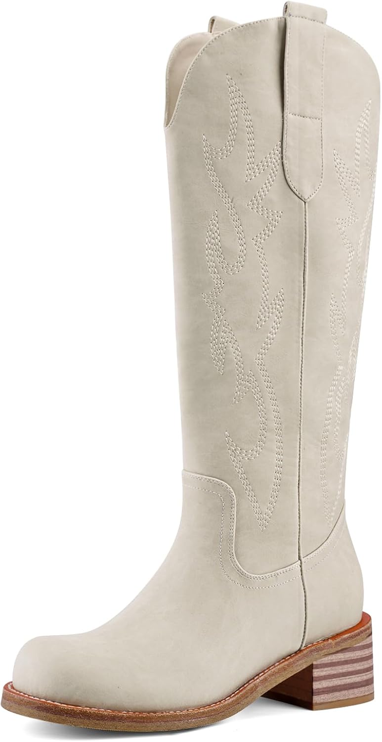 Cowboy Boots Knee High Women Western Embroidered Square Toe Wide Calf Chunky Heel Chunky Heel Retro Classic Tall Boot Pull on for Ladies Fall Winter