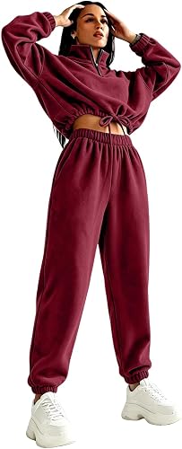Shiketong Women's 2 Piece Cropped Half Zip Lounge Set Sweatsuits