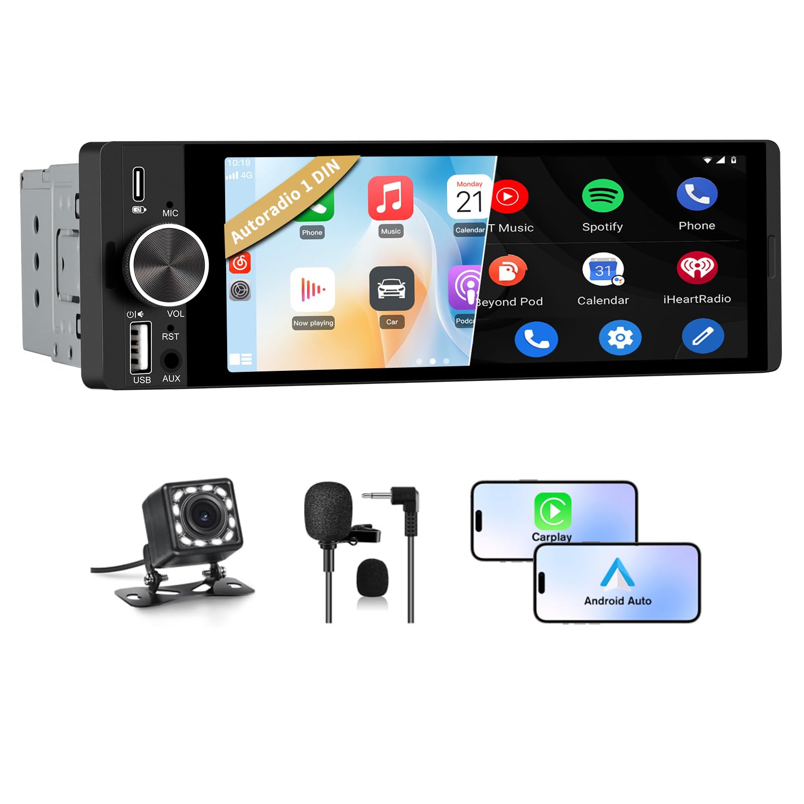 Junsun Autoradio 1 DIN Écran Tactile 6,36" avec CarPlay & Android Auto, Bluetooth, GPS, FM, Charge Type-C, 2 USB, Microphone, Égaliseur, Commandes au Volant