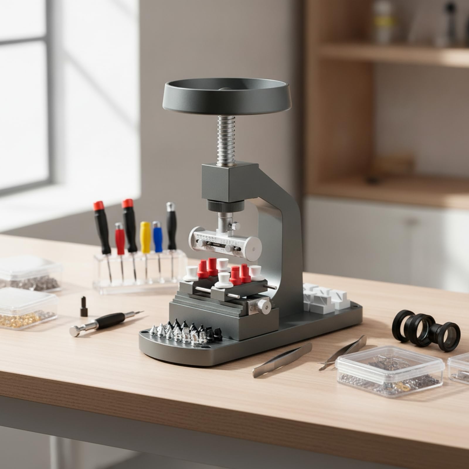 Ouvre-boîtier de Montre Manuel Appareil d'Ouverture Presse Filetée Base de Table Compacte Cadre en C Métal Molette Large Pression Stable Embouts