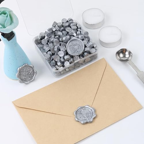 Miniatura 2 de Juego de 300 cuentas de cera de sellado de plata para sello de cera con velas y cuchara de fusión, perfecto para tarjetas de Navidad, sobres,