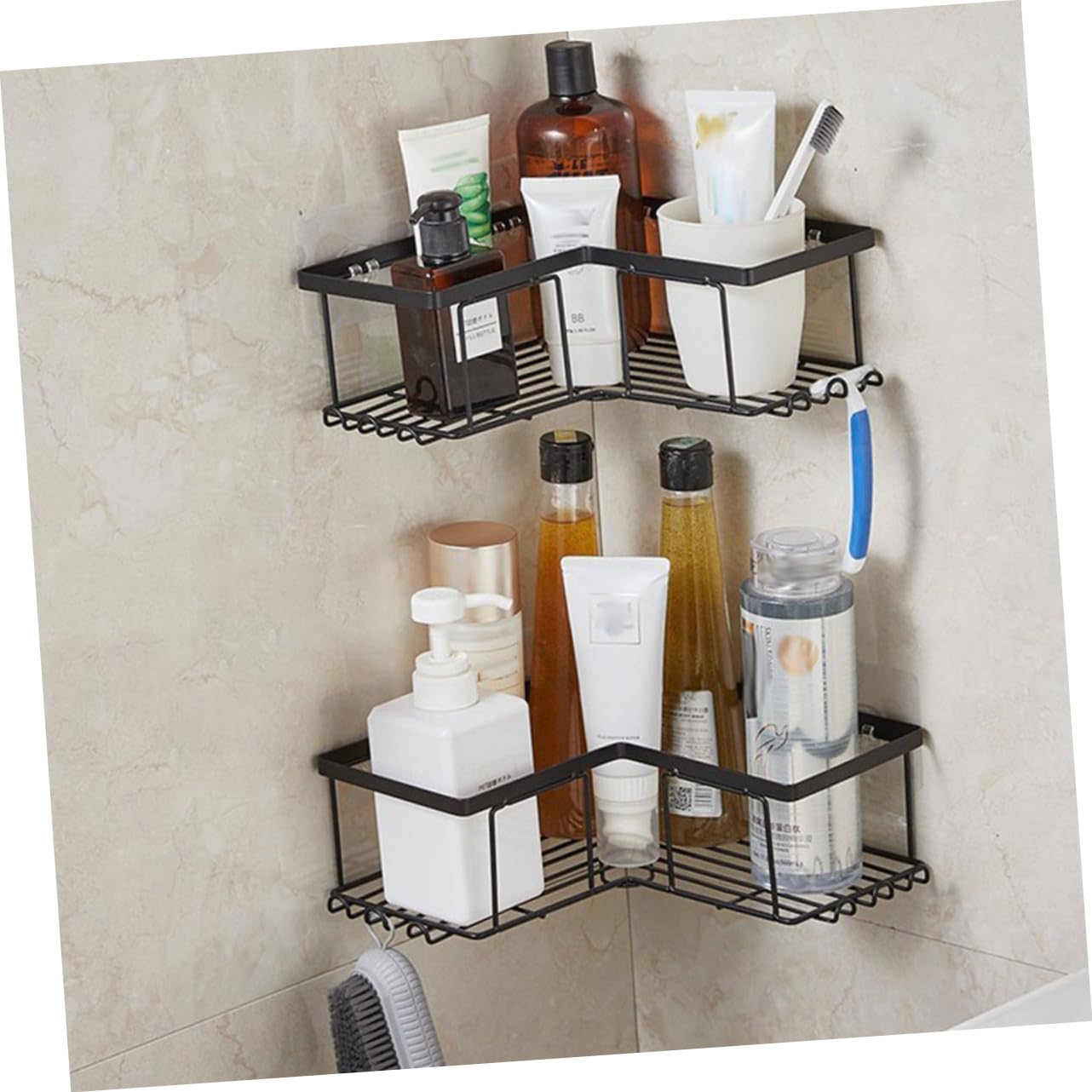 Ciieeo Organizador de Ducha Esquinero de Acero al Carbono en Forma de L, 2 Estantes Adhesivos Fuertes, Estructura Resistente para Baño o Cocina