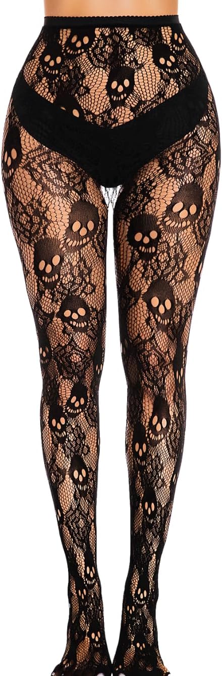 Goth Tights For Women,Sheer Mesh Skull Fishnets Leggings,Patterned Sexy Stockings Halloween Costume Black