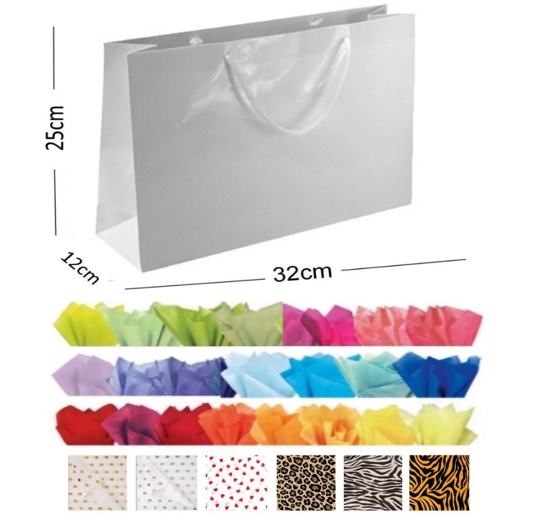 10 White Glossy Landscape Boutique Shop Gift Bags - Strong Shiny Gloss Bag With Tissue (Gold Spots)