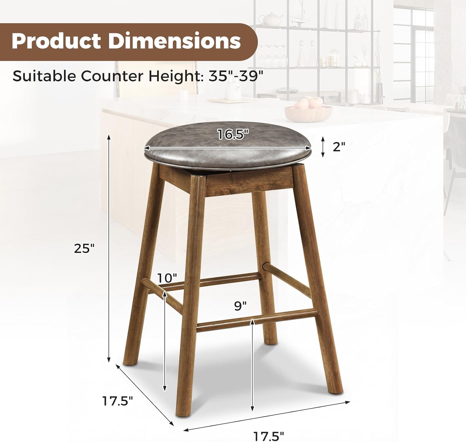 COSTWAY Swivel Wooden Bar Stools Set of 4, Round PU Leather 25-inch Counter Height Chairs with Rubber Wood Frames, Footrests, Upholstered Backless Barstools for Kitchen Island, Grey+Natural