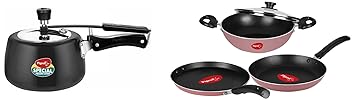 Pigeon by Stovekraft Hard Anodised Aluminium Inner Lid Cooker - 3 Litre with Induction Base (Contura), medium & Basics Non stick Aluminium Non Induction Base Cookware set