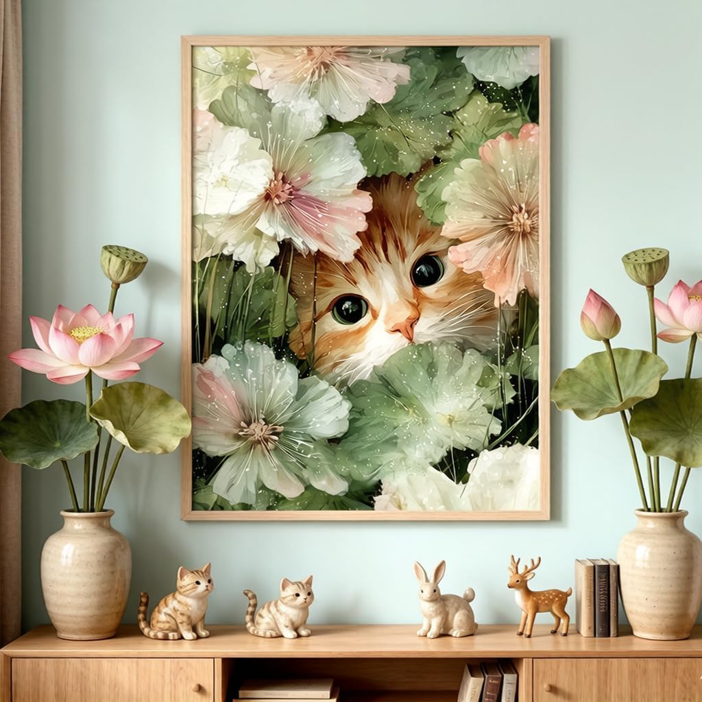 5D Cat Diamond Painting Kits for Adults Beginner,DIY Flowers Diamond Art Kits for Adults,Round Full Drill Diamonds Dots with Gem Art Kit,for Home Wall Decor 12X16inch