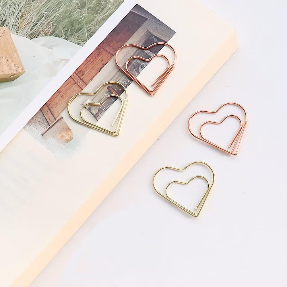 100PCS Cute Heart Shaped Paperclips Funny Bookmarks Metal Decorative Clips Heart Paper Clamps for School Office Home (Gold) image 2