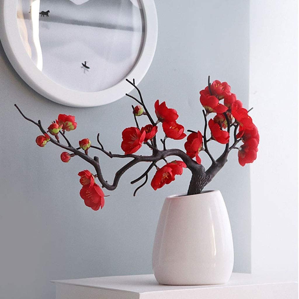 Decorazioni Domestiche Bonsai di Fiori di Prugna Artificiale con Vaso in Ceramica, Bouquet di Seta Finta per La Decorazione del Centrotavola Domestico Fiori Finti(A-White)