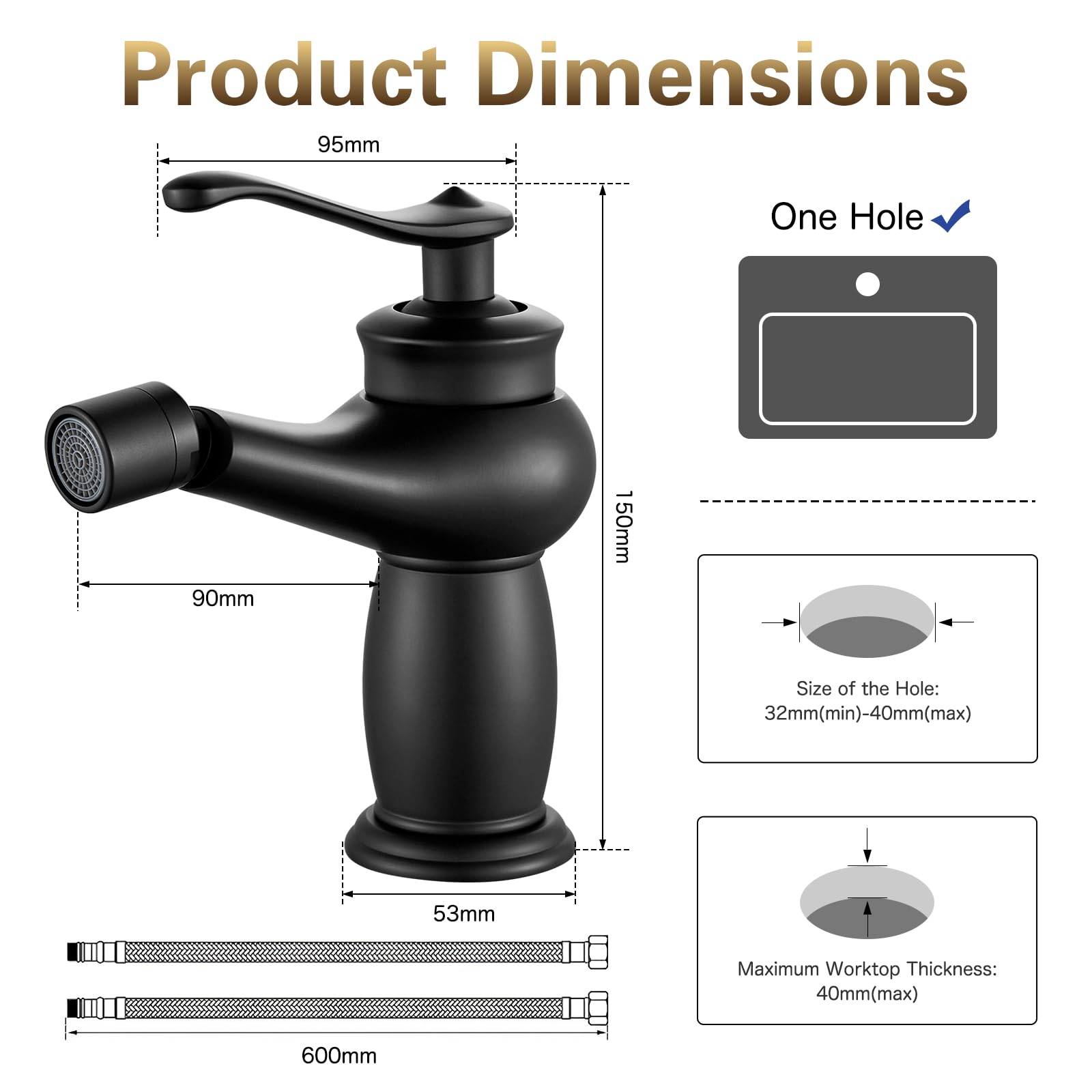 Rubinetto Bidet Nero, Rubinetto Bagno Lavabo Monocomando, Miscelatore Bidet con Beccuccio Girevole, Connessione Standard G3/8