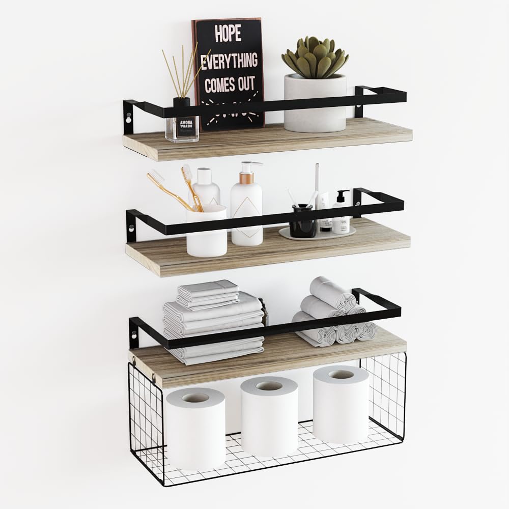 Floating Shelves with Storage Basket Rustic Solid Wood Bathroom Shelves Farmhouse Wall Hanging Shelf Mounted Wall Decor for Living Room Kitchen Pantry Bedroom Shelves Over Toilet (Wood)
